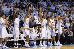 The Carolina bench celebrates (Todd Melet)
