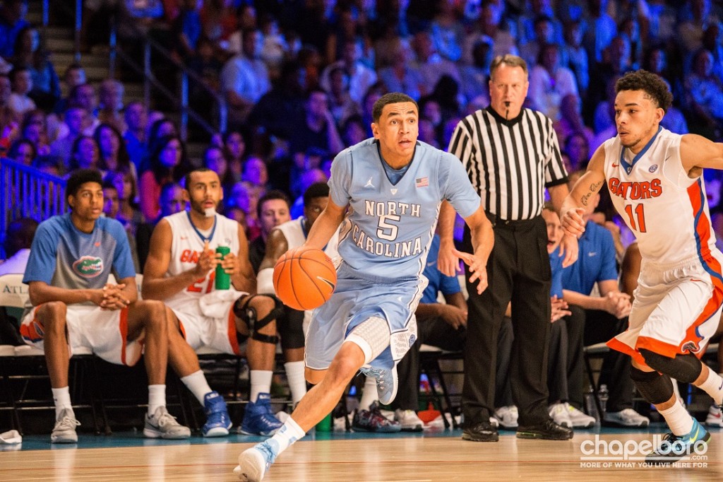 Marcus Paige drives against Florida in the Battle 4 Atlantis. Photo by Nick Vitali.