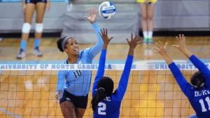 Chaniel Nelson with the spike (UNC Athletics)