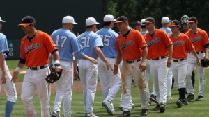 The teams shake hands after the game. (UNC Athletics)