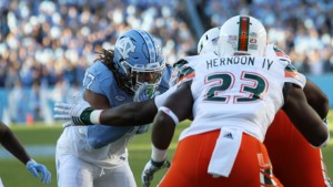 Dajaun Drennon and the UNC defense held strong against the Miami starters, shutting them out in the first half. (UNC Athletics)