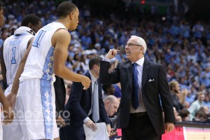 Roy Williams giving Brice Johnson some tough love. Johnson scored just six points on Saturday. (Todd Melet)