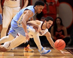 Joel Berry scored 13 points, and was one of only two Tar Heels in double figures against Virginia Tech. (AP Photo/ Matt Gentry)