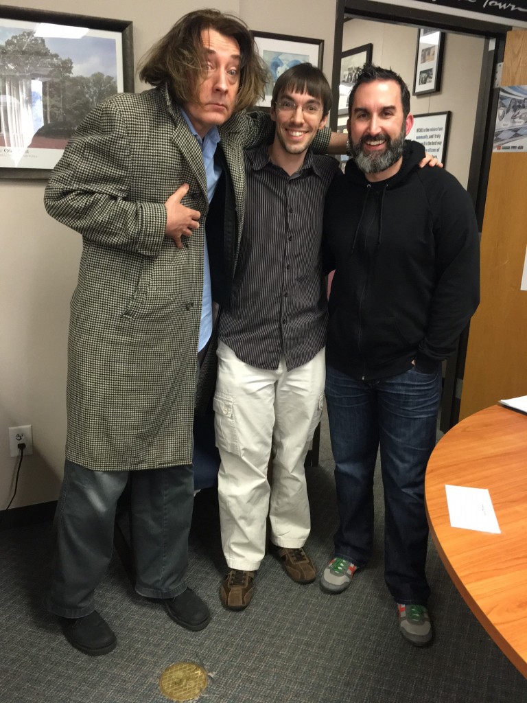 Emo Philips and Zach Ward with Aaron Keck at WCHL studios.