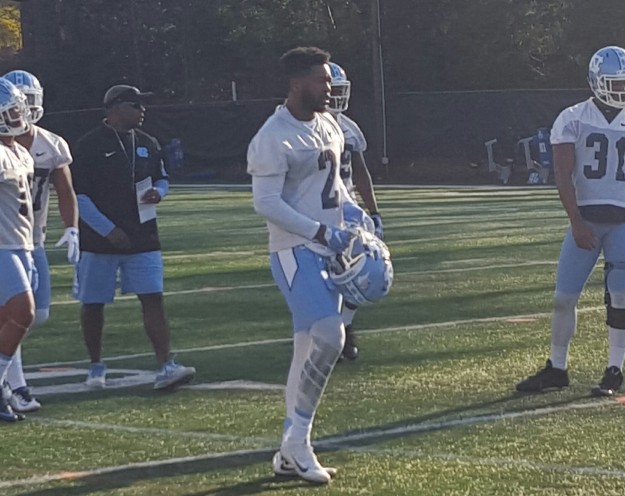Cornerback Des Lawrence (2) is one of three returning starters in the UNC secondary--expected to be among the country's best. (Avery Trendel)