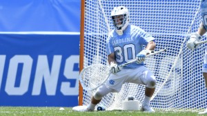 Brian Balkam made the save of his life to keep UNC alive in the extra period. He finished with 13 saves in the game. (Jeffrey A. Camarati/ UNC Athletics)