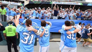 After getting their trophy on the field, the Tar Heel men's lacrosse team took to the crowd to celebrate. (Jeffrey A. Camarati/ UNC Athletics)