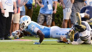 Senior Bug Howard used his size to haul in two fourth quarter touchdowns for UNC--including the game-winner. (Jeffrey A. Camarati/ UNC Athletics)