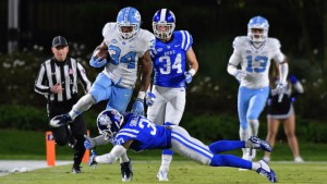 Elijah Hood led UNC in rushing and receiving against Duke, but touched the ball just seven times after halftime. (Grant Halverson/ UNC Athletics)