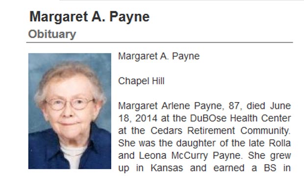 Margaret A. Payne, Great-Aunt to the President, Dies in Chapel Hill at 87