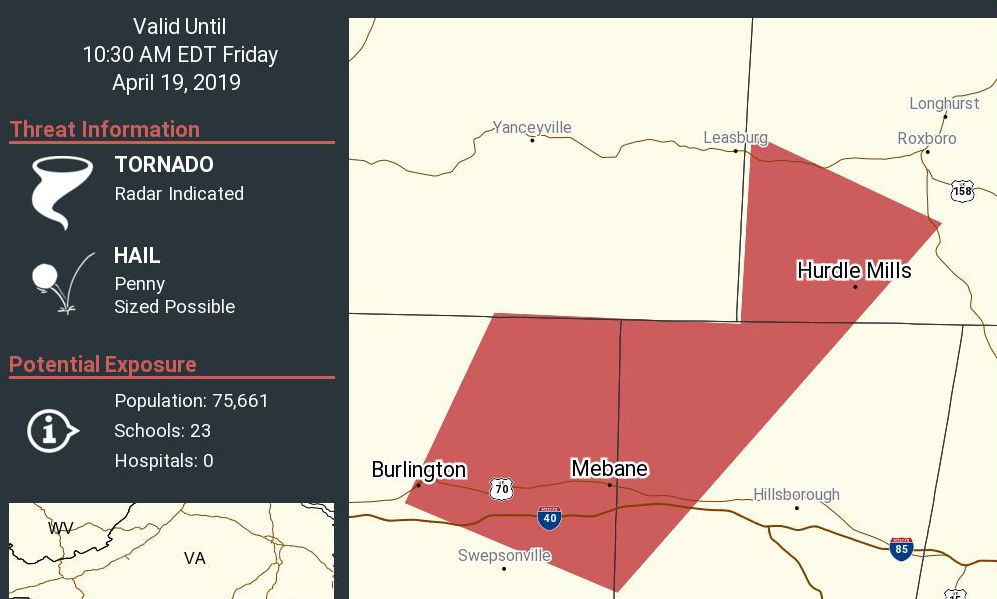Tornado Warning Issued For Orange County, Central North Carolina