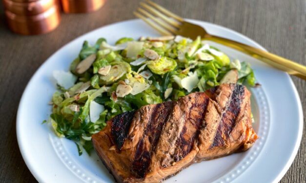 Make It Snappy: Two Tablespoon Grilled Salmon With Shaved Brussels Sprouts and Arugula Salad