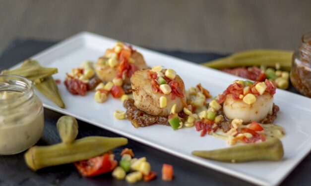 Make It Snappy: Seared Scallops with Bacon Jam and Roasted Tomato Corn Relish
