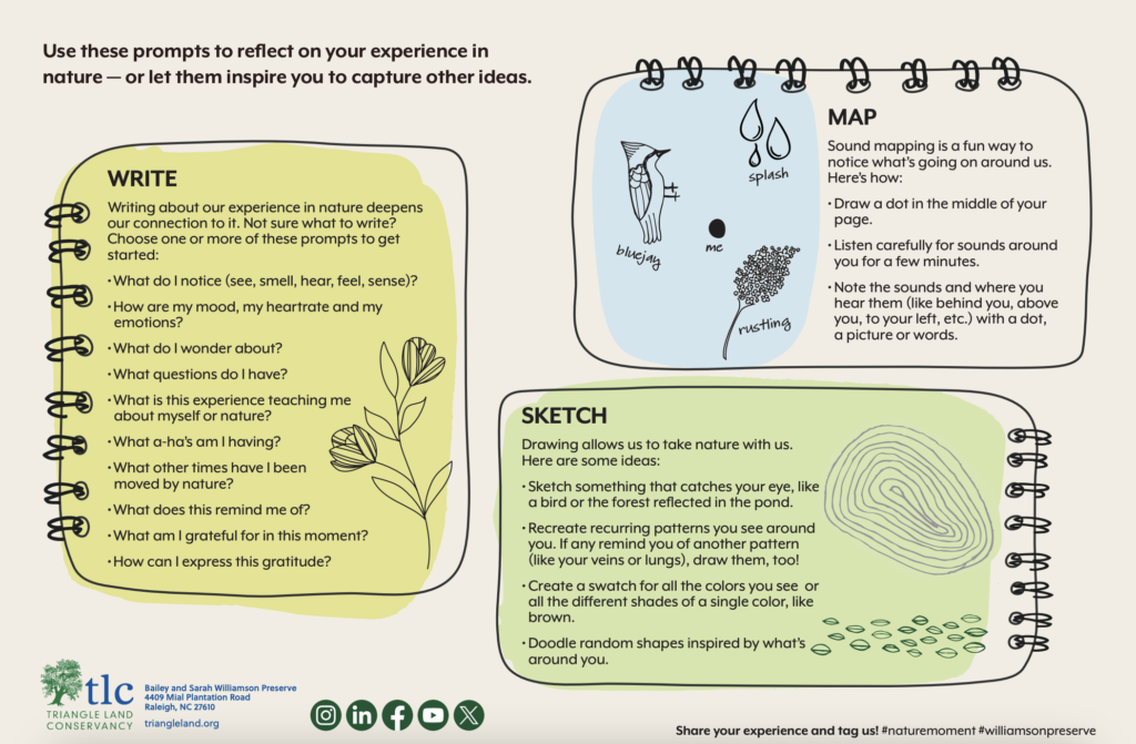 A horizontal image with the line-drawn notebooks featuring line drawings of a flowing plant, a cardinal, water droplets, a leaf, the rings of a tree and some seeds. Each notebook includes nature connection activities: WRITE Writing about our experience in nature deepens our connection to it. Not sure what to write? Choose one or more of these prompts to get started: ○ What do I notice (see, smell, hear, feel, sense)? ○ How are my mood, my heart rate and my emotions? ○ What do I wonder about? ○ What questions do I have? ○ What is this experience teaching me about myself or nature? ○ What a-ha's am I having? ○ What other times have l been moved by nature? ○ What does this remind me of? ○ What am I grateful for in this moment? ○ How can I express this gratitude? MAP Sound mapping is a fun way to notice what's going on around us. Here's how: ○ Draw a dot in the middle of your page. ○ Listen carefully for sounds around you for a few minutes. ○ Note the sounds and where you hear them (like behind you, above you, to your left, etc.) with a dot, a picture or words. SKETCH Drawing allows us to take nature with us. Here are some ideas: ○ Sketch something that catches your eye, like a bird or the forest reflected in the pond. ○ Recreate recurring patterns you see around you. If any remind you of another pattern (like your veins or lungs), draw them, too! ○ Create a swatch for all the colors you see or all the different shades of a single color, like brown. ○ Doodle random shapes inspired by what's around you. 