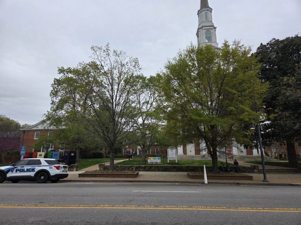 A gray sky hovers over a church, its white steeple rising high above the sidewalk and street. A dark green magnolia (Magnolia grandiflora) anchors the right side of the photo. To its left is the laurel oak (Quercus laurifolia), with a lighter green round canopy, and a white oak (Quercus alba) and pin oak (Quercus palustris). Geoffrey Neal took this photo in Downtown Chapel Hill, N.C.