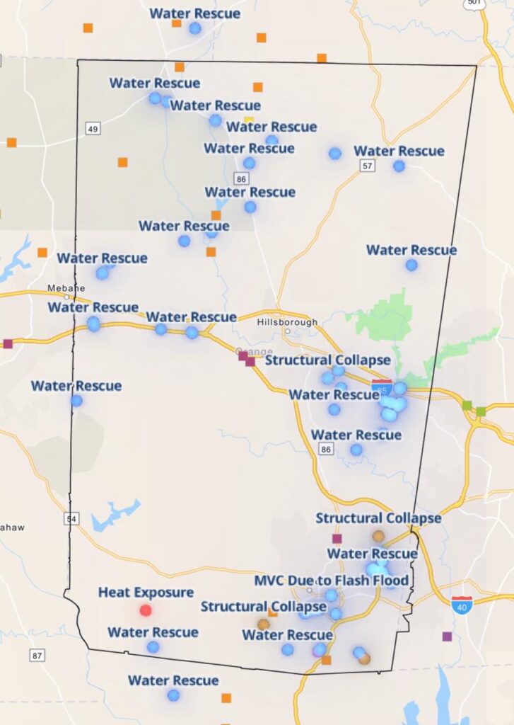 A map of Orange County, North Carolina, shows blue dots indicating water rescue sites, red squares showing structural collapses and orange circles for heat-related conditions.