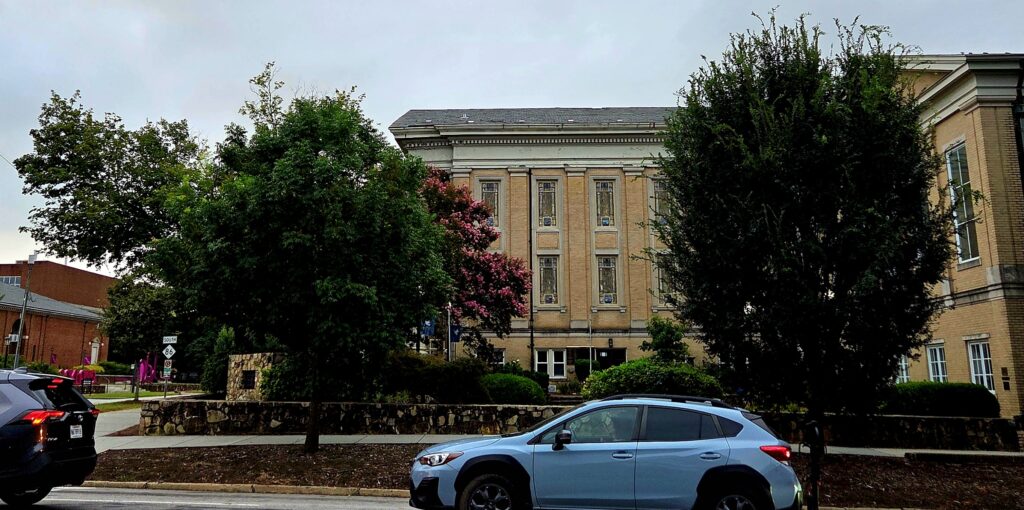 This photo by Geoffrey Neal shows the Chinese pistache (Pistacia chinensis) and Chinese elm (Ulmus parviflora) that sit between West Franklin Street and University Baptist Church, a large tan building in the background. The trees’ canopies are large and unhindered by the close plantings that hamper other trees on the block. Cars and the street are in the foreground, brick buildings on the left side and a gray clouded sky overhead. A street sign on the left reads ‘W. Franklin’ and ‘S. Columbia’.
