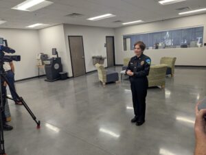 Chapel Hill police chief Celisa Lehew stands inside the lobby of the department's new headquarters on Millhouse Road.