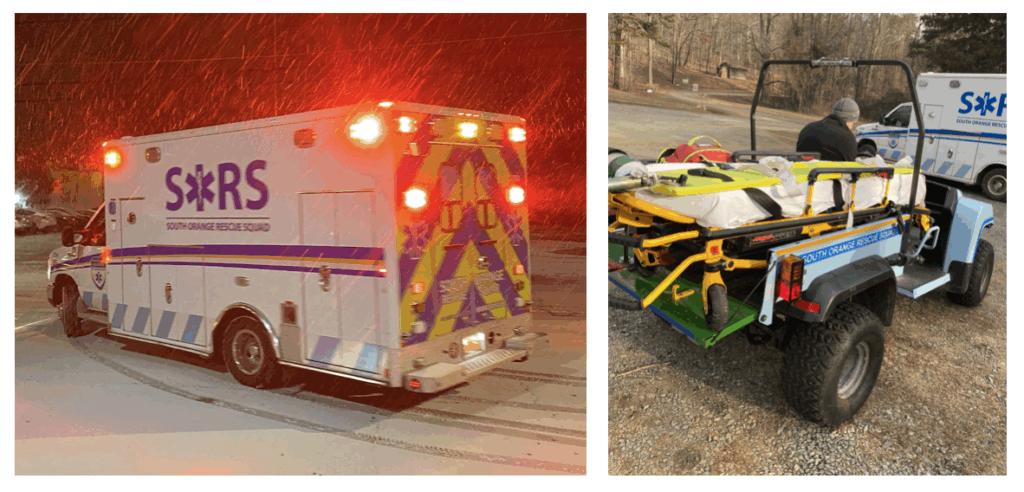 This is a side-by-side photo array. The photo on the left shows a white box ambulance emblazoned with the SORS logo and yellow-and-blue safety chevron on the back drives into the snowy night with red lights flashing. On the right is an all-terrain vehicle called a gator outfitted with a stretcher and other rescue equipment. It's being driven by a man in a dark jacket and a gray winter beanie. In the background is a SORS ambulance. 