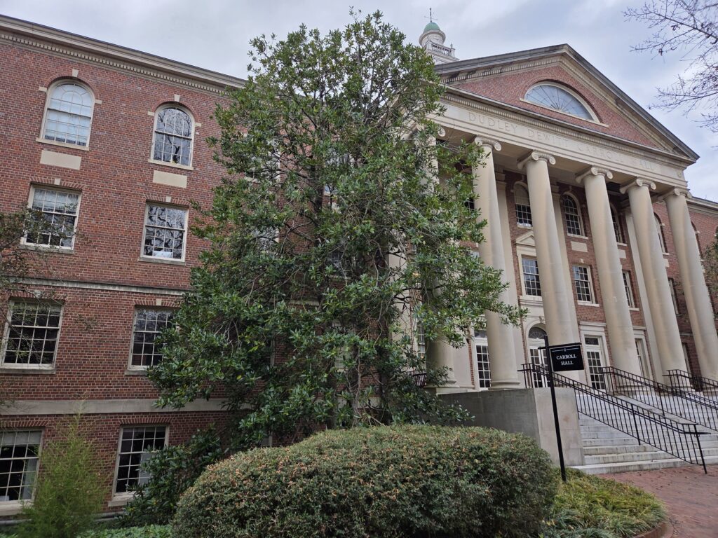 A towering Ilex latifolia (lusterleaf holly) stands watch at the front doors of Carroll Hall, flanked by smaller shrubs and groundcover. The tree is taller than the four-story building, obscuring the brick facade, several windows and two of the six tan-colored columns of the entryway. A granite stairway with iron handrails leads from the brick path to the entrance, a series of arched doorways under large windows and a Palladian glass at the top. A cream-colored cupola covered in brass is barely visible in the top center. The sky is clouded with light and dark gray wisps. Photo by Geoffrey Neal.