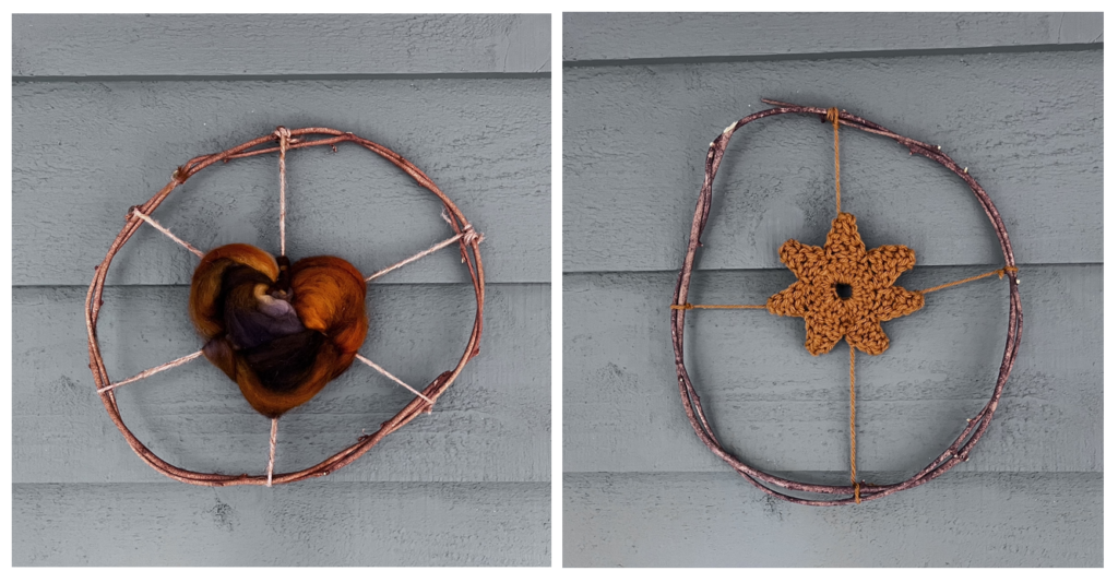 Two side-by-side photos show wreaths woven from Ligustrum sinense (Chinese privet) on the left and Elaeagnus umbellata (Autumn olive/spring silverberry) on the right against grayish clapboards. The privet wreath has the pieces of tan landscape twine tied vertically diagonally. Woven between them is roving in colors of deep rust, lavender, warm orange and dark brown in the shape of a heart. The other wreath features a crocheted sun in a warm ochre color secured by two yarn crosshairs. These were made and photographed by Margot Lester.
