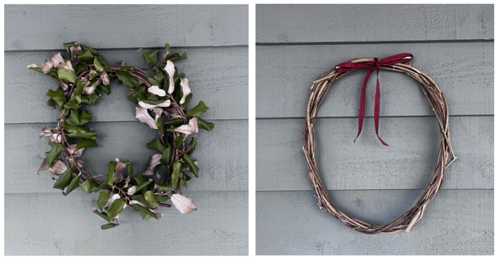 Two side-by-side photos show wreaths woven from whips of Elaeagnus umbellata (Autumn olive/spring silverberry) against grayish clapboards. The one on the right still has its deep green and silver-backed leaves. The one on the right is stripped bare, adorned only by a thin red-and-black checked ribbon tied in a bow. These were made and photographed by Margot Lester.
