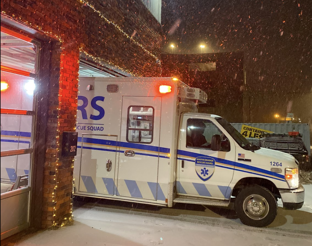 This photo by volunteer Sri Mani shows a SORS ambulance departing from the station during a light snow.
