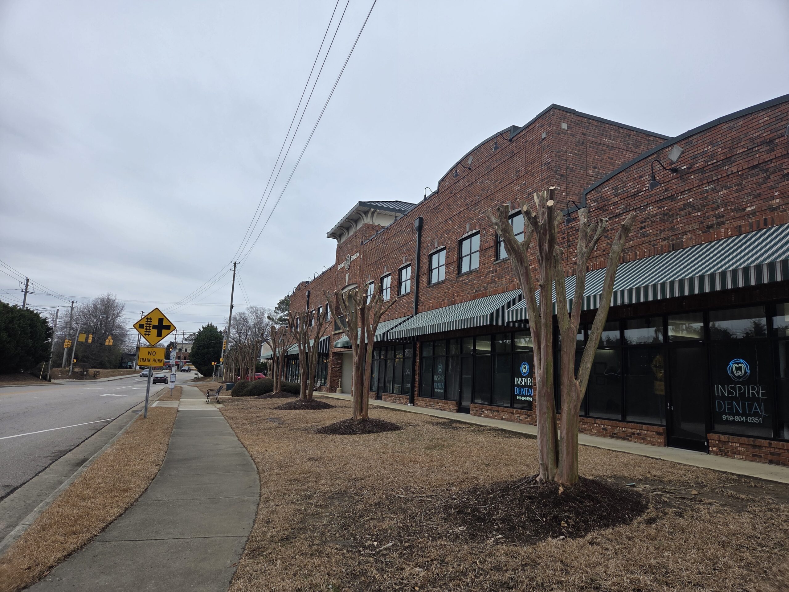A line of four crepe myrtle trees stands in the center of the photo. Their crowns have all been chopped, making them look like fake tree trunks growing out of mulched circles in dead brown grass. They are planted between a brick commercial building festooned with green-and-white-striped awnings that shade the plate-glass storefronts. Utility lines stretch overhead. A concrete sidewalk runs to their left, separated from the two-lane road by a narrow strip of brown grass. A yellow railroad crossing sign is in the middle-distance. Trees share the background with a gray winter sky.