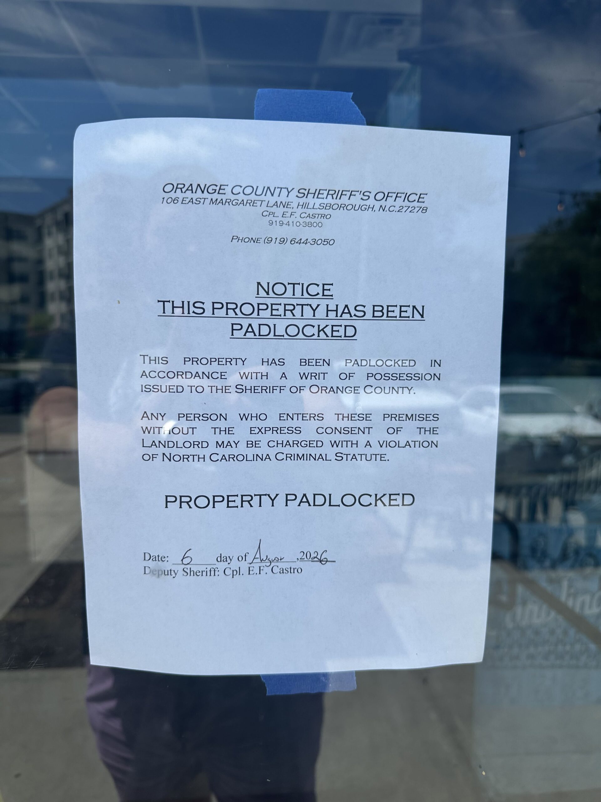Chapel Hill&rsquo;s Breadman&rsquo;s Closed, Padlocked by Sheriff&rsquo;s Office After Defaulting Lease